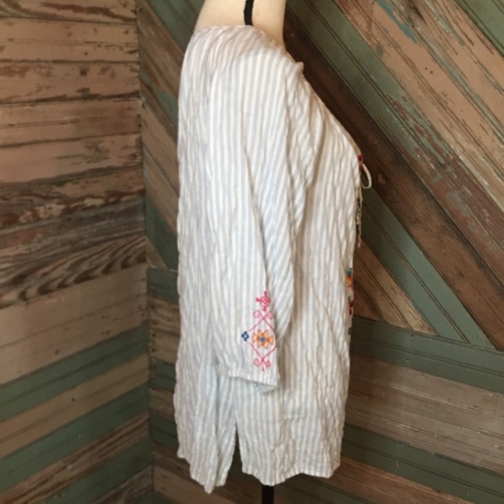 Johnny Was Light Blue Striped Peasant Top with Multicolor Embroidery Size Small - Picture 5 of 12